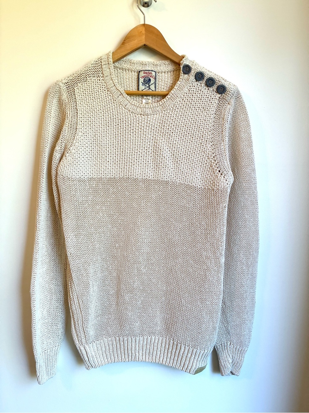 Diesel Tricot & Co Beige Knit Button Shoulder Sweater Cow Leather Patch Size L